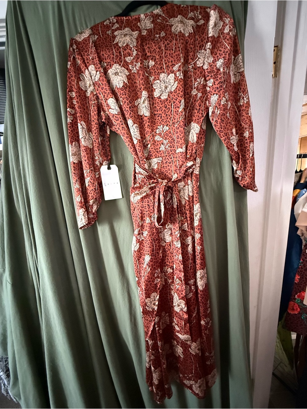 Leith Rust Floral Wrap Midi Dress with Cream Blooms and animal print - Picture 3 of 4